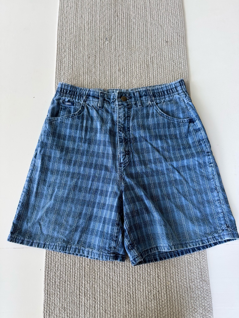 Lee Blue Plaid Cotton Denim High Rise Mom Short Vintage 90s Size 12